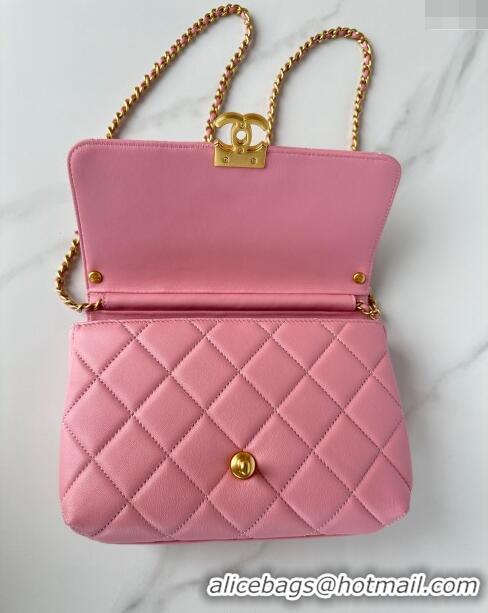 Top Grade Chanel Shiny Lambskin Small Flap Bag with Pearls AS5011 Pink 2024