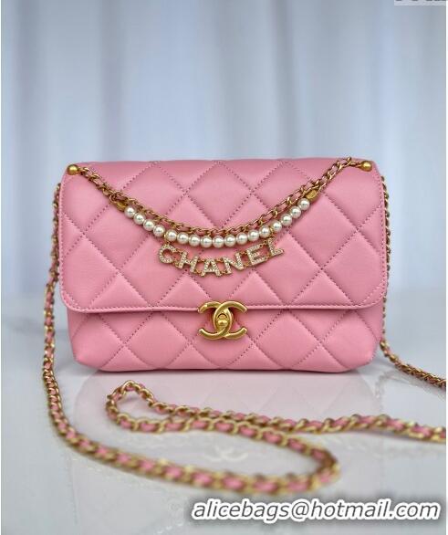 Top Grade Chanel Shiny Lambskin Small Flap Bag with Pearls AS5011 Pink 2024