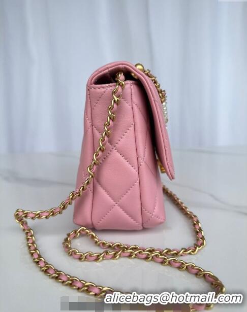 Top Grade Chanel Shiny Lambskin Small Flap Bag with Pearls AS5011 Pink 2024