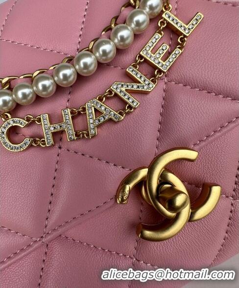 Top Grade Chanel Shiny Lambskin Small Flap Bag with Pearls AS5011 Pink 2024