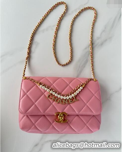 Top Grade Chanel Shiny Lambskin Small Flap Bag with Pearls AS5011 Pink 2024