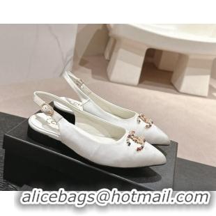 Best Price Chanel Satin Slingback Flats with Colored CC White 701097