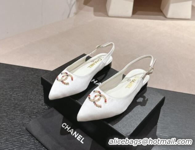 Best Price Chanel Satin Slingback Flats with Colored CC White 701097