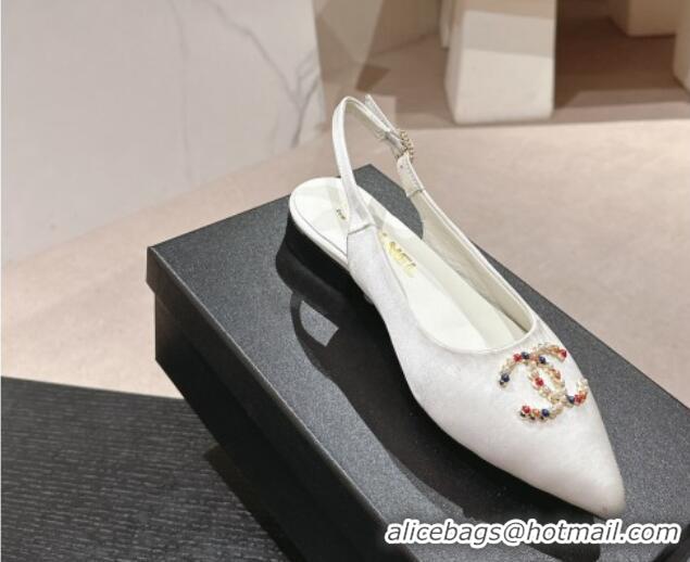 Best Price Chanel Satin Slingback Flats with Colored CC White 701097