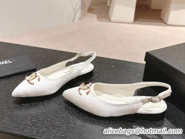 Best Price Chanel Satin Slingback Flats with Colored CC White 701097