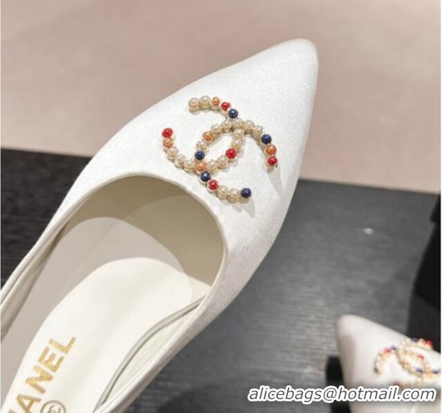 Best Price Chanel Satin Slingback Flats with Colored CC White 701097