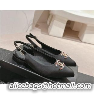 Pretty Style Chanel Satin Slingback Flats with Colored CC Black 701098