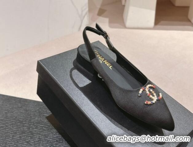 Pretty Style Chanel Satin Slingback Flats with Colored CC Black 701098