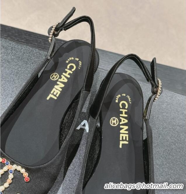 Pretty Style Chanel Satin Slingback Flats with Colored CC Black 701098