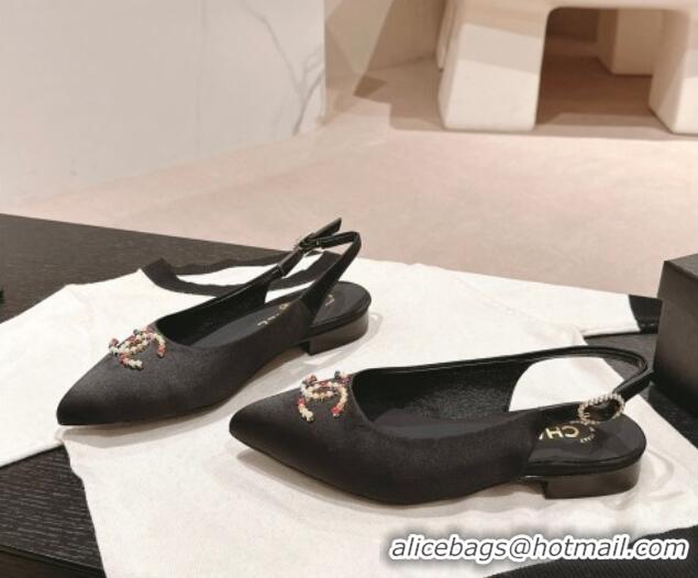 Pretty Style Chanel Satin Slingback Flats with Colored CC Black 701098