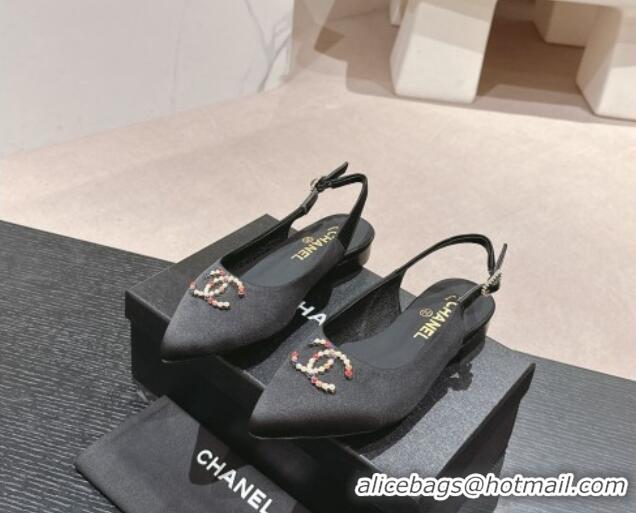 Pretty Style Chanel Satin Slingback Flats with Colored CC Black 701098