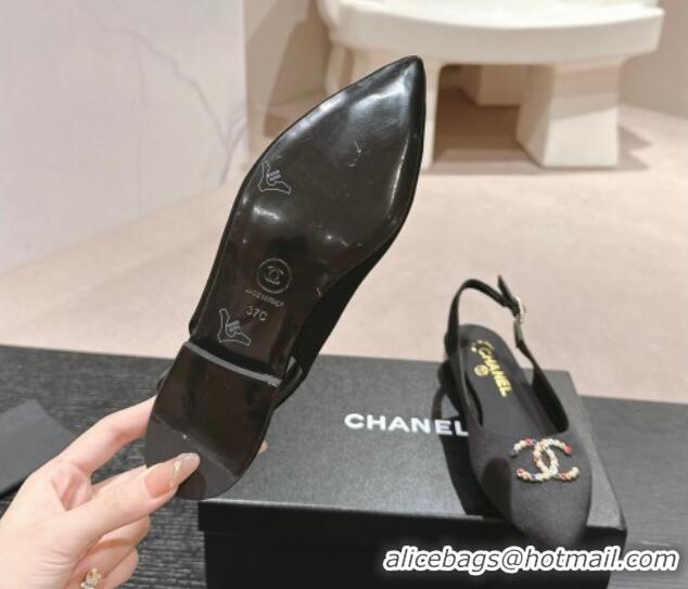 Pretty Style Chanel Satin Slingback Flats with Colored CC Black 701098