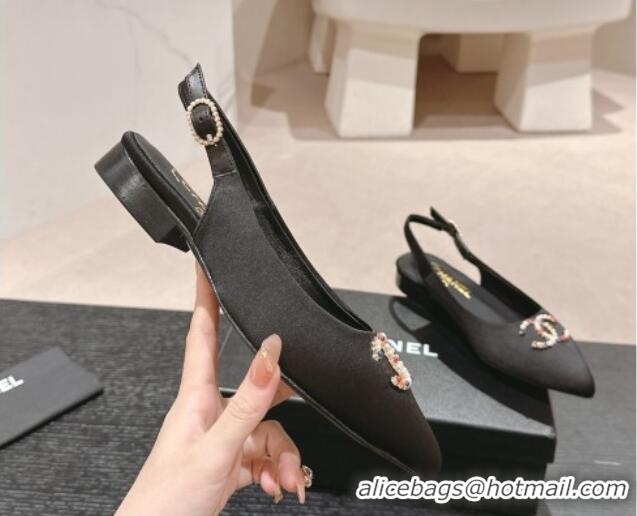 Pretty Style Chanel Satin Slingback Flats with Colored CC Black 701098