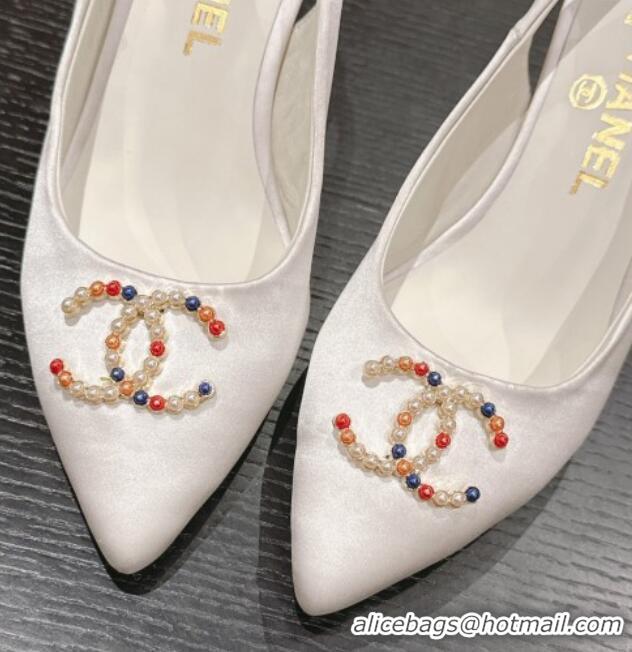 Low Cost Chanel Satin Slingback Pumps 7cm with Colored CC White 701099