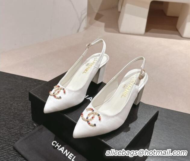 Low Cost Chanel Satin Slingback Pumps 7cm with Colored CC White 701099