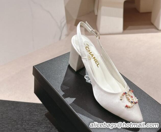 Low Cost Chanel Satin Slingback Pumps 7cm with Colored CC White 701099