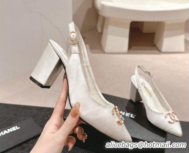 Low Cost Chanel Satin Slingback Pumps 7cm with Colored CC White 701099