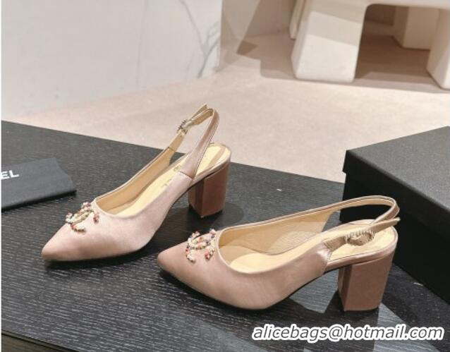 Shop Duplicate Chanel Satin Slingback Pumps 7cm with Colored CC Nude 701100