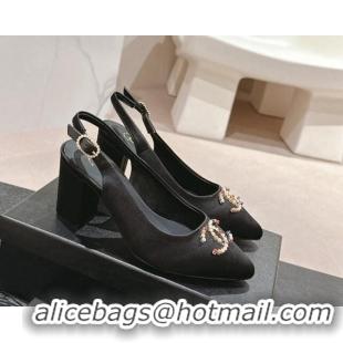 Good Quality Chanel Satin Slingback Pumps 7cm with Colored CC Black 701101