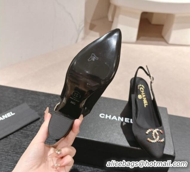 Good Quality Chanel Satin Slingback Pumps 7cm with Colored CC Black 701101