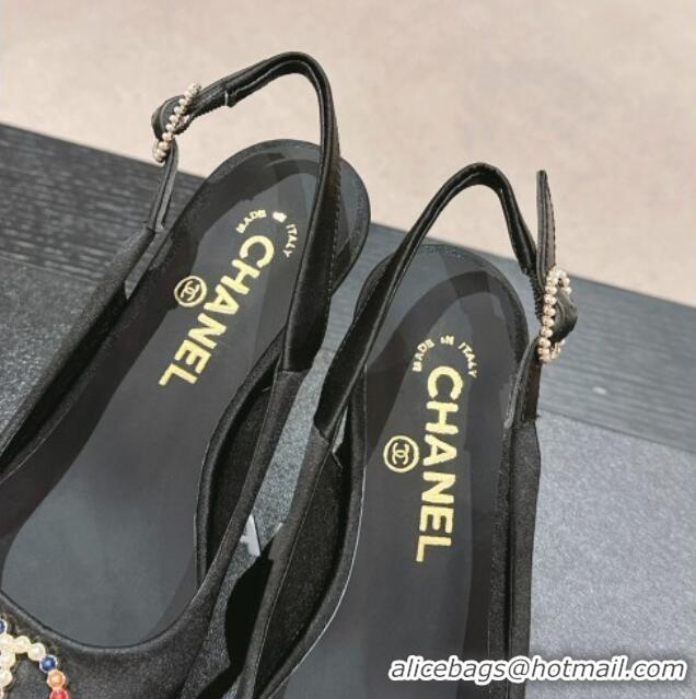 Good Quality Chanel Satin Slingback Pumps 7cm with Colored CC Black 701101