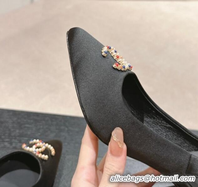 Good Quality Chanel Satin Slingback Pumps 7cm with Colored CC Black 701101