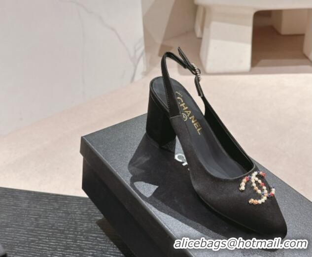 Good Quality Chanel Satin Slingback Pumps 7cm with Colored CC Black 701101