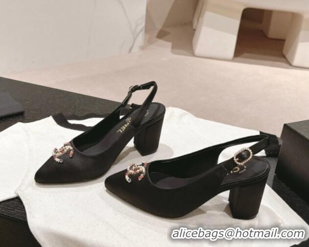 Good Quality Chanel Satin Slingback Pumps 7cm with Colored CC Black 701101