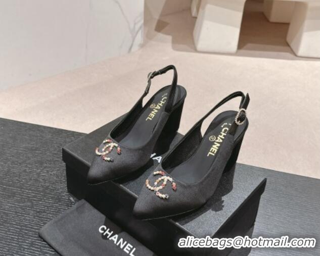 Good Quality Chanel Satin Slingback Pumps 7cm with Colored CC Black 701101