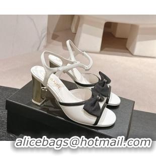 Charming Chanel Lambskin Heel Sandals 8cm with Bow White 701102