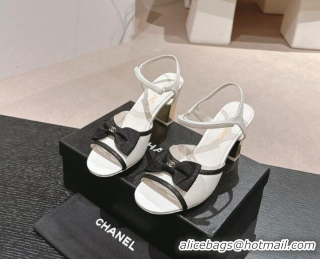 Charming Chanel Lambskin Heel Sandals 8cm with Bow White 701102