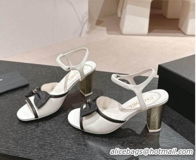 Charming Chanel Lambskin Heel Sandals 8cm with Bow White 701102