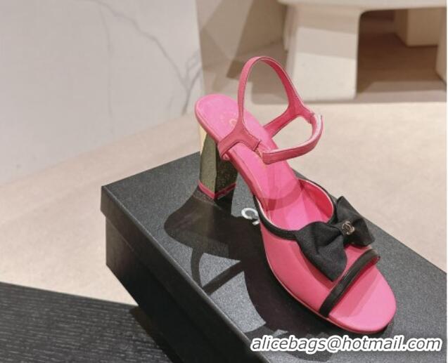 Popular Style Chanel Lambskin Heel Sandals 8cm with Bow Fuchsia Pink 701104