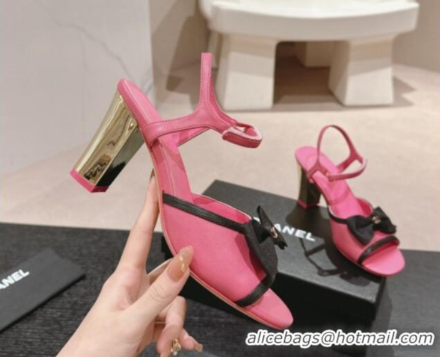 Popular Style Chanel Lambskin Heel Sandals 8cm with Bow Fuchsia Pink 701104