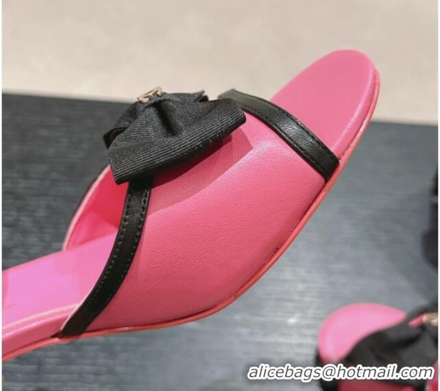 Popular Style Chanel Lambskin Heel Sandals 8cm with Bow Fuchsia Pink 701104