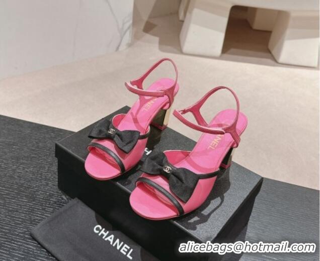 Popular Style Chanel Lambskin Heel Sandals 8cm with Bow Fuchsia Pink 701104