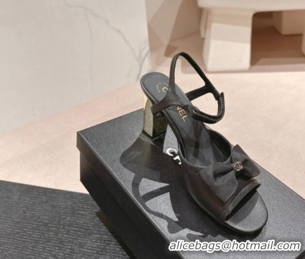 Good Looking Chanel Lambskin Heel Sandals 8cm with Bow Black 701105