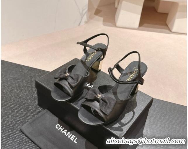 Good Looking Chanel Lambskin Heel Sandals 8cm with Bow Black 701105