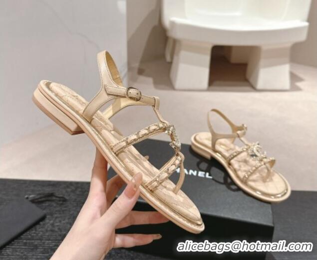 Cheap Price Chanel Lambskin Flat Sandals with CC and Chain Beige 701106