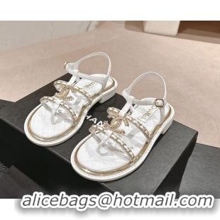 Good Product Chanel Lambskin Flat Sandals with CC and Chain White 701107