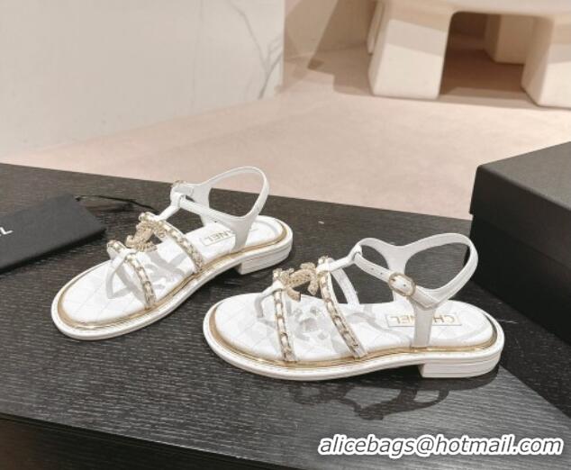 Good Product Chanel Lambskin Flat Sandals with CC and Chain White 701107