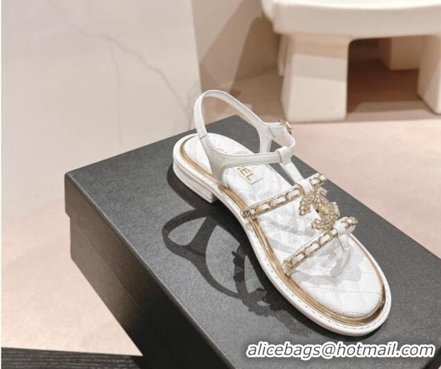 Good Product Chanel Lambskin Flat Sandals with CC and Chain White 701107