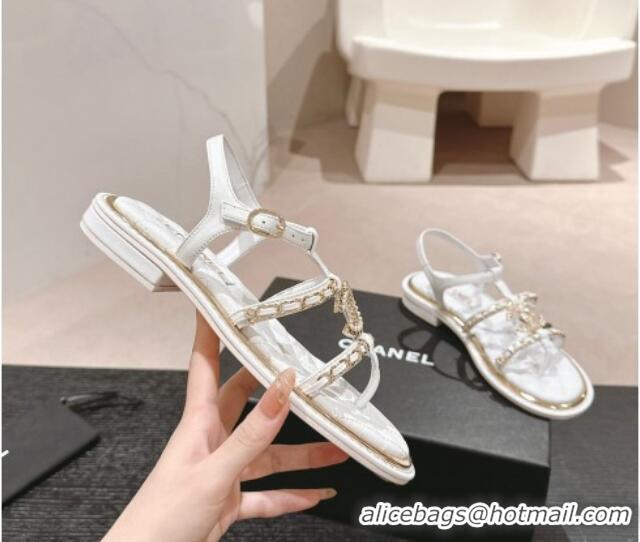 Good Product Chanel Lambskin Flat Sandals with CC and Chain White 701107