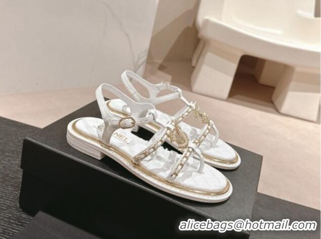 Good Product Chanel Lambskin Flat Sandals with CC and Chain White 701107