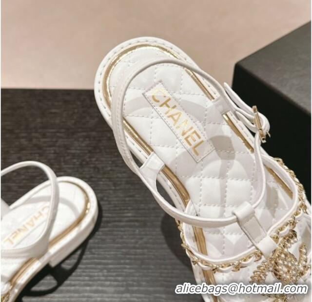 Good Product Chanel Lambskin Flat Sandals with CC and Chain White 701107