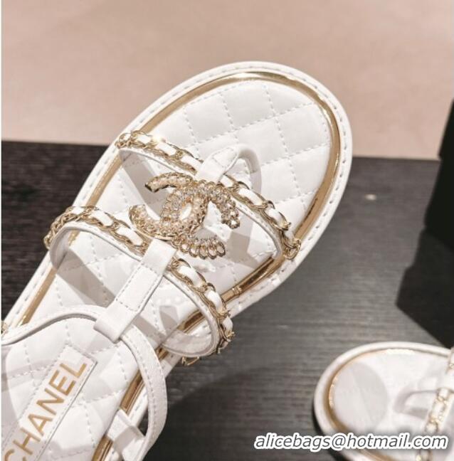 Good Product Chanel Lambskin Flat Sandals with CC and Chain White 701107