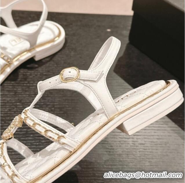 Good Product Chanel Lambskin Flat Sandals with CC and Chain White 701107