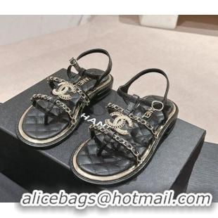 Best Product Chanel Lambskin Flat Sandals with CC and Chain Black 701108