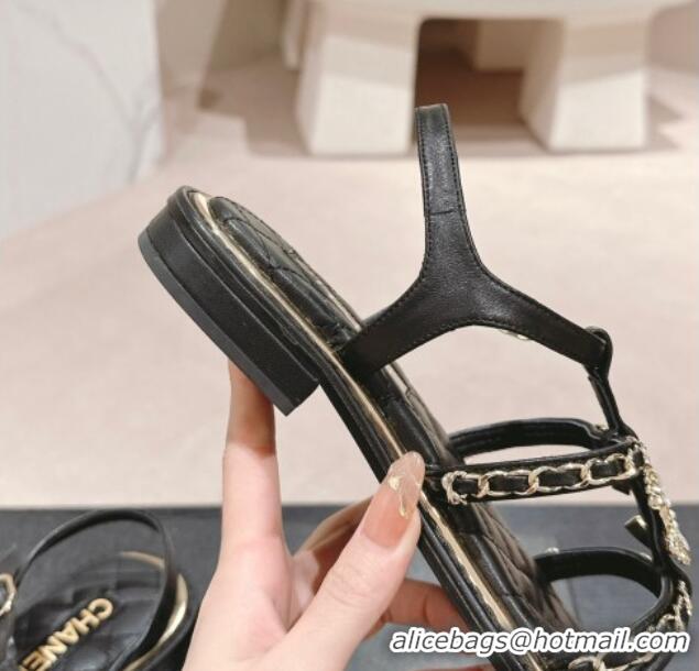 Best Product Chanel Lambskin Flat Sandals with CC and Chain Black 701108