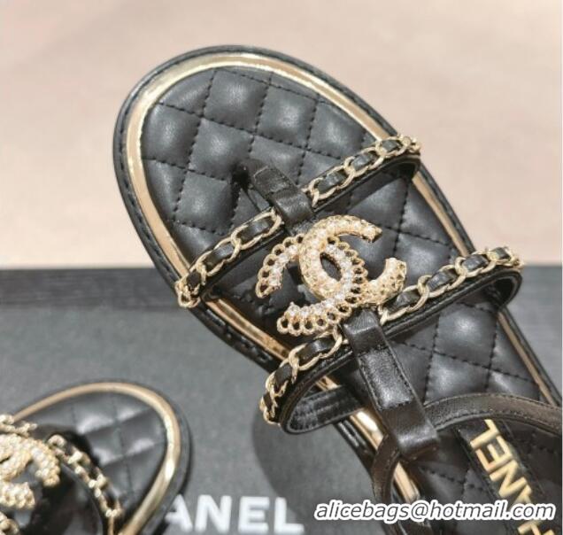 Best Product Chanel Lambskin Flat Sandals with CC and Chain Black 701108